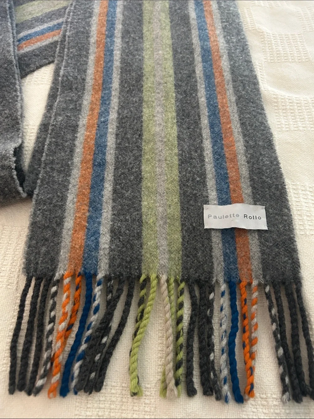 Paulette Rollo Striped long Wool muffler Scarf in Gray, Green & Blue